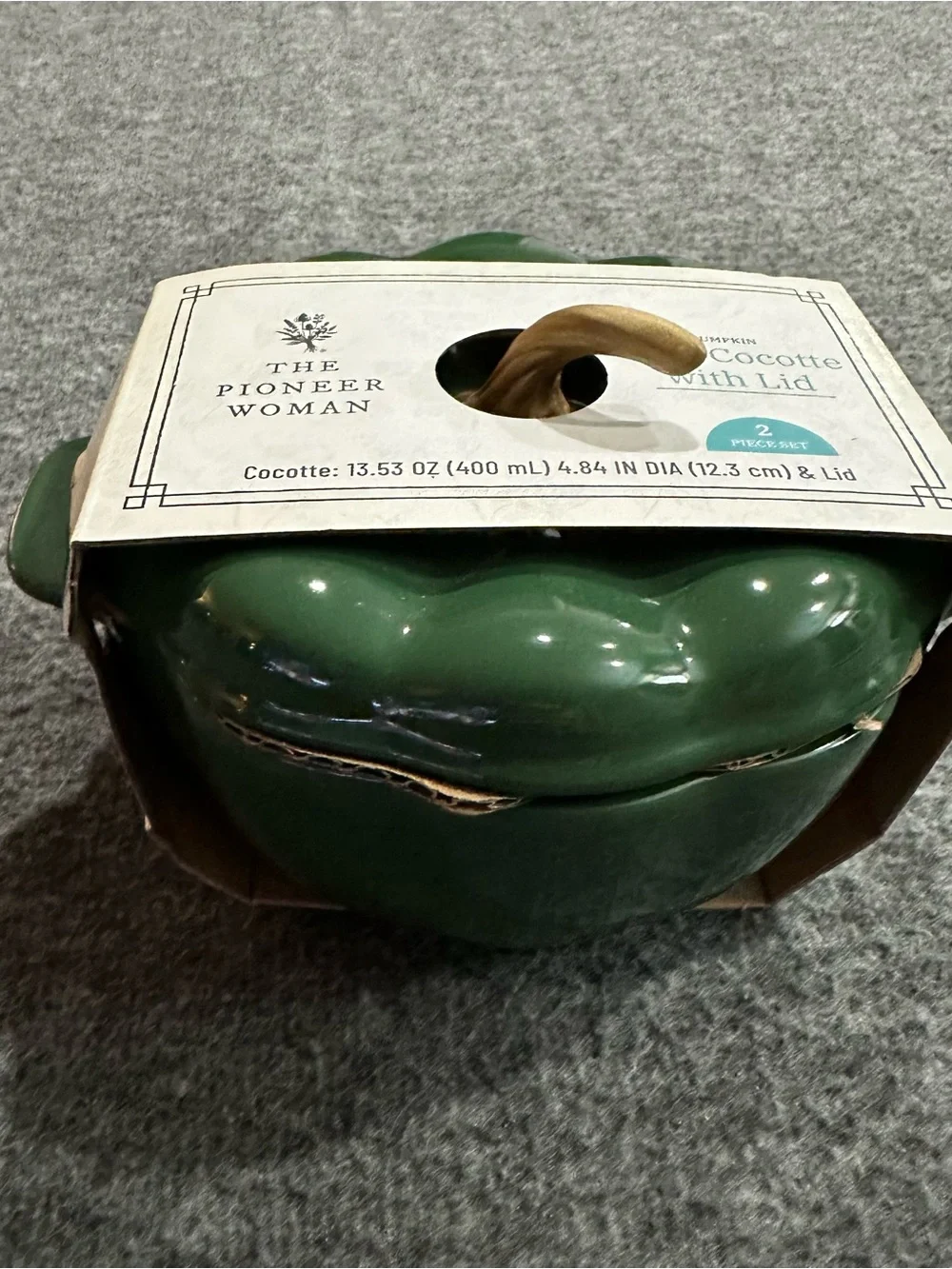Pioneer Woman Pumpkin Mini Cocotte Dark Green Ceramic Stoneware Lid Fall Decor